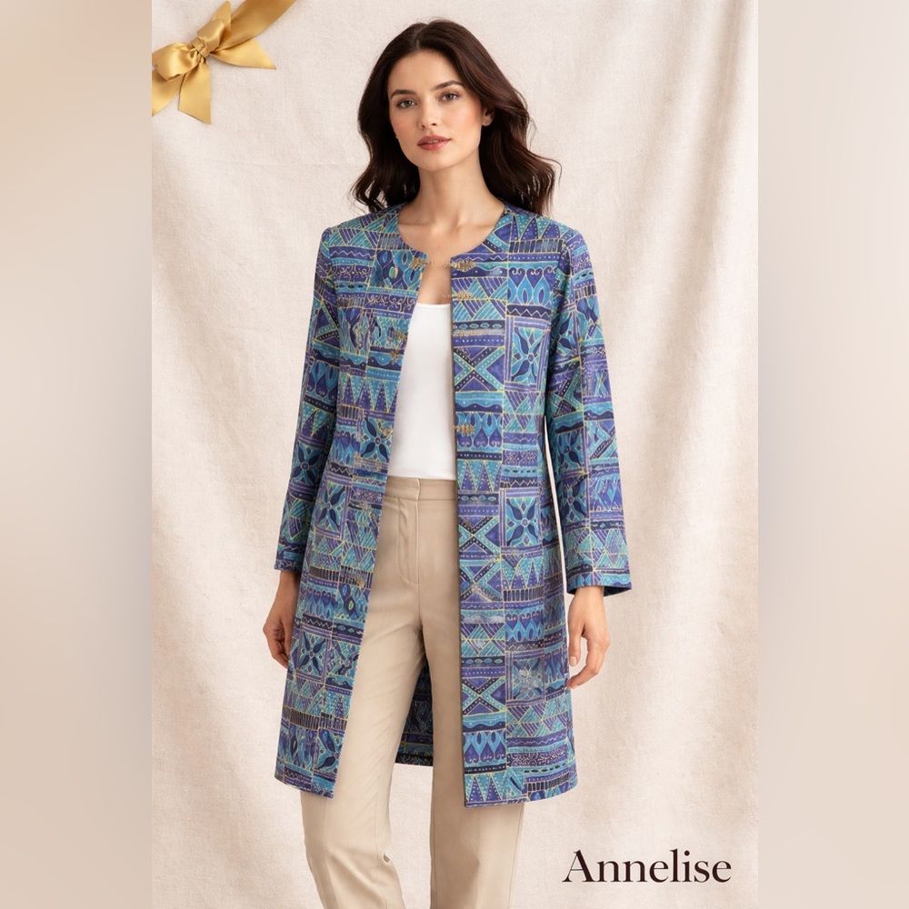 Annelise Blue Teal Geometric Silk Blend Jacket Boutique